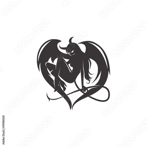 female devil succubus with wings and tail black and white tattoo vector illustration photo