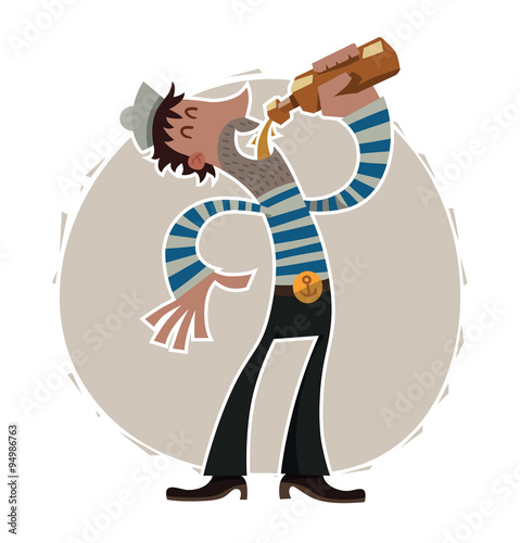 Vector cartoon image of a drunken sailor in black trousers, white and blue striped vest and a white sailor hat drinking beer from a bottle on a light gray background.