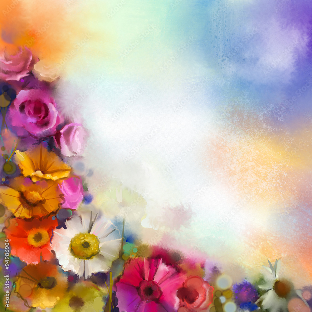Obraz premium Abstract floral watercolor painting. Hand paint White, Yellow, Pink and Red color of daisy- gerbera and rose flowers in soft color on soft blue- green color background.Spring flower seasonal nature 
