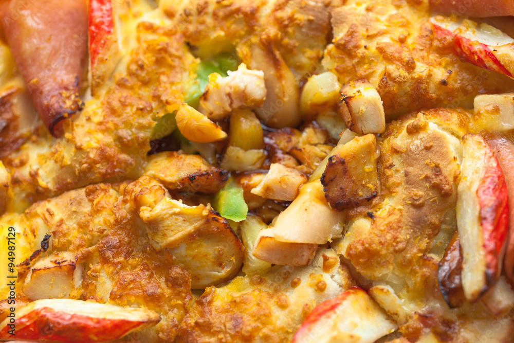 Closeup Shot of Pizza with Pineapple, Ham and Bell Pepper Closeup Shot of Pizza with Pineapple, Ham and Bell Pepper