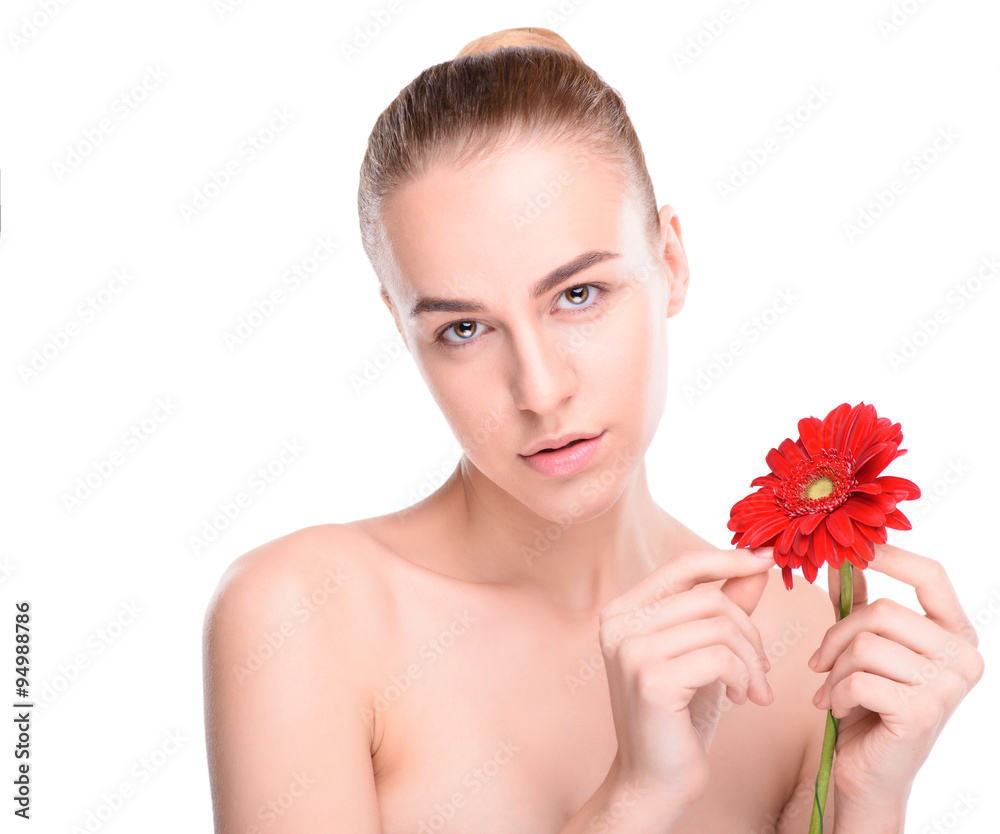 Woman posing with red gerbera. Isolated on white background Woman posing with red gerbera. Isolated on white background
