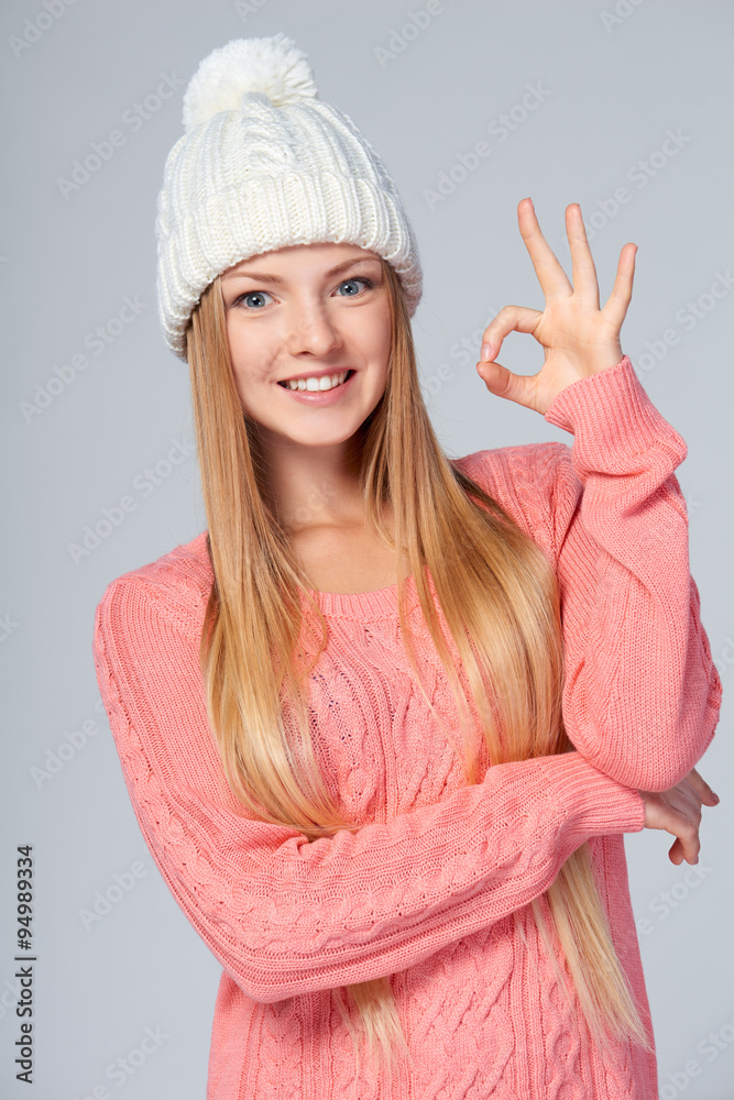 Christmas girl gesturing OK sign Christmas girl gesturing OK sign