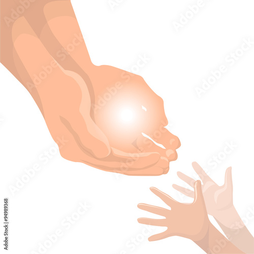 Illustration with adult's hands and children hands. Gives a gift