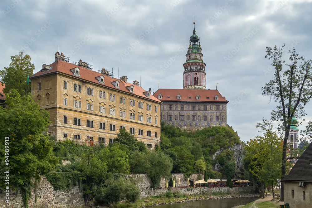 view of Cesky Krumlov castle tower view of Cesky Krumlov castle tower