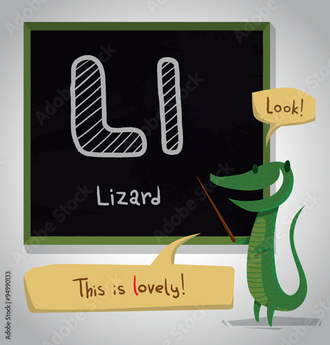 Vector cartoon image of a funny green lizard standing with a pointer in his paw near the blackboard, with the letter "L" is written on it, on a light gray background. For children's learning.
