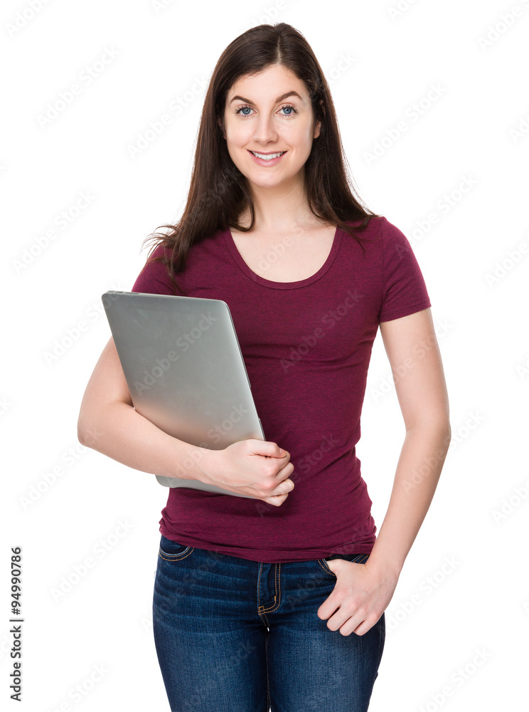 Caucasian woman hold with notebook computer Caucasian woman hold with notebook computer