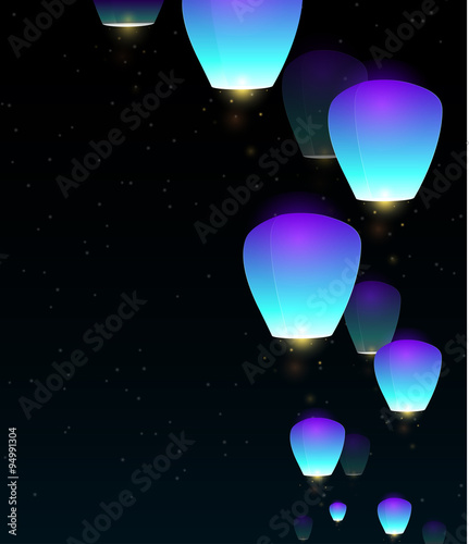 Illustration of blue flying sky lanterns for your creativity