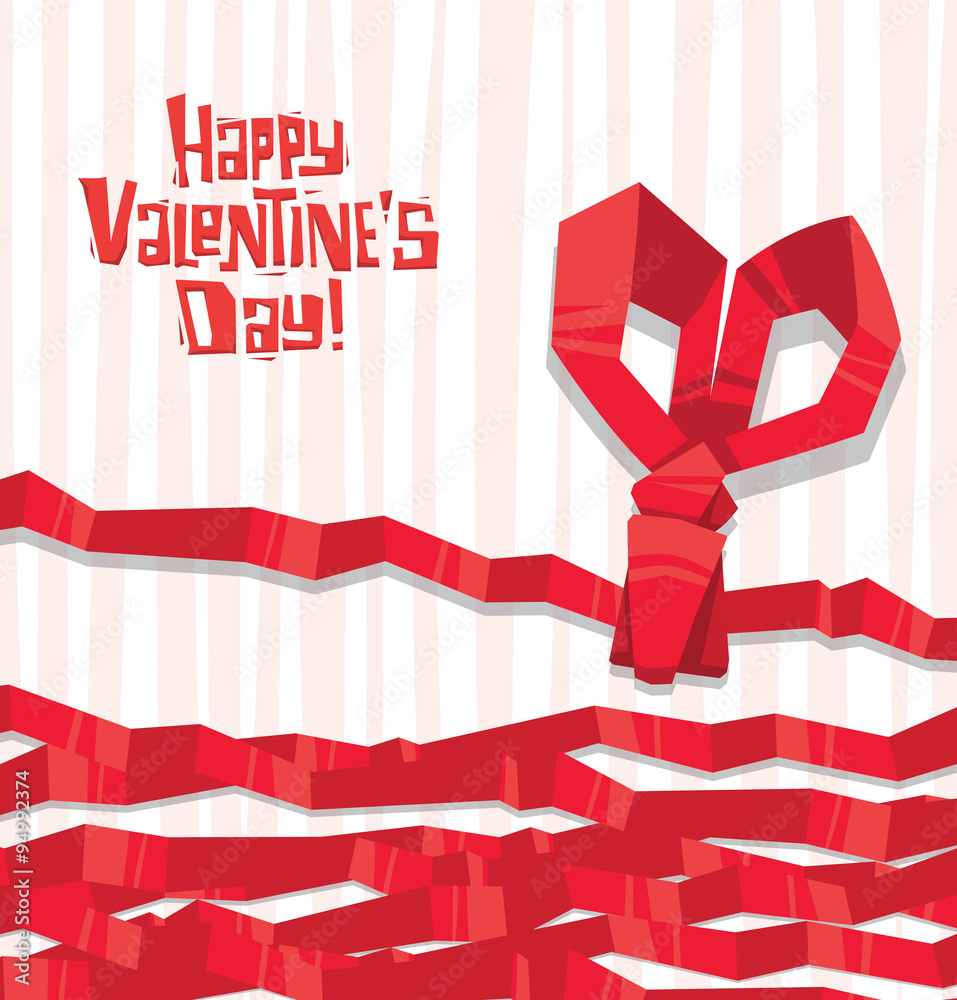 Naklejka premium Vector Valentine card. Card for Valentine's Day with a red ribbon tied in the shape of the heart symbol on pink white striped background. In the theme of Valentine's Day.
