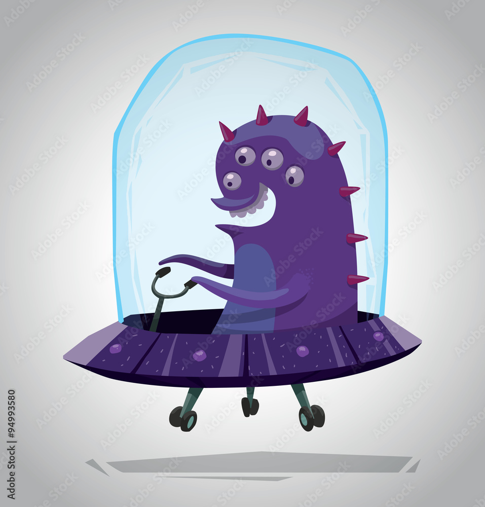 Vector Funny Purple Alien. Cartoon image of a funny purple alien with four  eyes sitting in a purple UFO on a light gray background. Stock Vector |  Adobe Stock