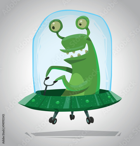 Vector Funny Green Alien. Cartoon image of a funny green alien with two eyes sitting in a green UFO on a light gray background.