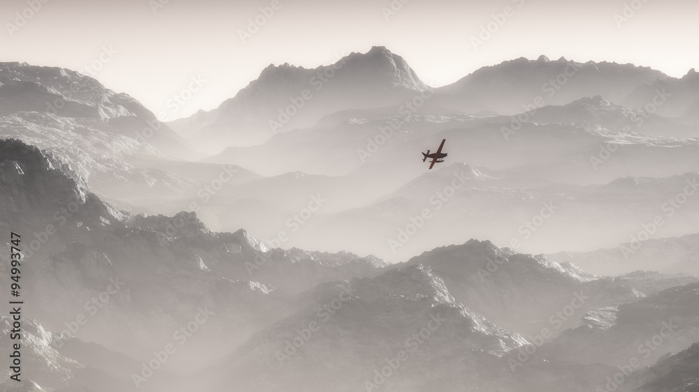 Obraz premium Misty mountain landscape at dawn with private airplane flying ov