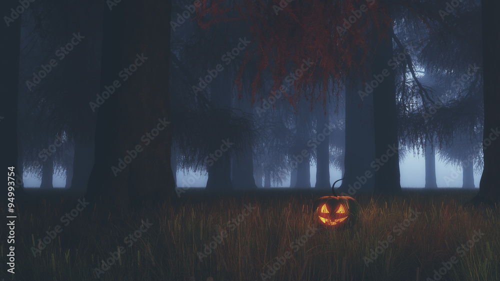 Obraz premium Halloween pumpkin in misty fir tree forest at night.
