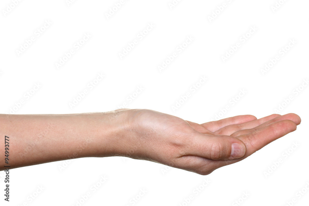 Female hand stretched for begging isolated on white. Female hand stretched for begging isolated on white.