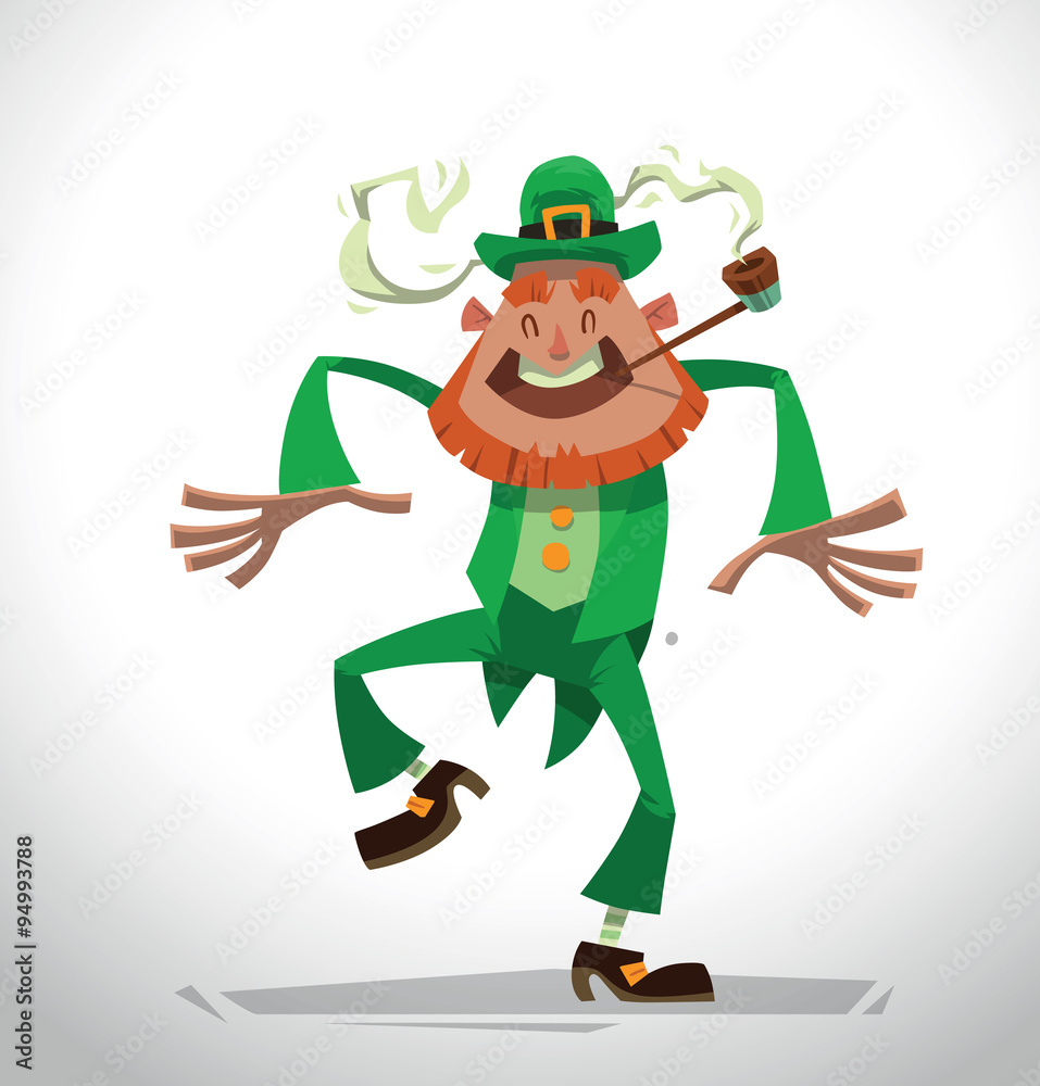 Vector cartoon image of a funny leprechaun with a red beard, in a green suit and a hat with a pipe in his mouth dancing on a light background. In the theme of St. Patrick's Day. Vector cartoon image of a funny leprechaun with a red beard, in a green suit and a hat with a pipe in his mouth dancing on a light background. In the theme of St. Patrick's Day.