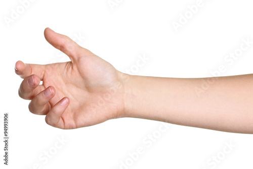 Female hand outstretched for a handshake, isolated on white.