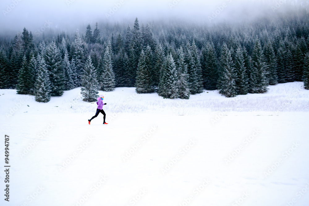 Winter running woman, jogging inspiration and motivation