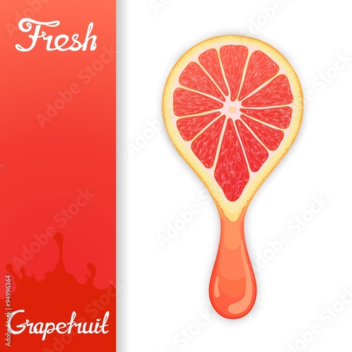 Stylized half grapefruit from which squeezed fresh juice. Juicy design elements