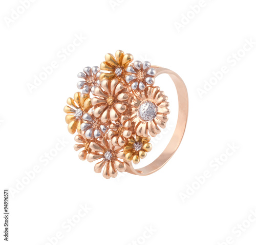 Luxury golden ring beautiful flowers isolated on white