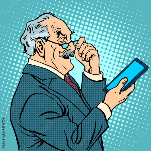 old man gadgets elderly businessman new tablet