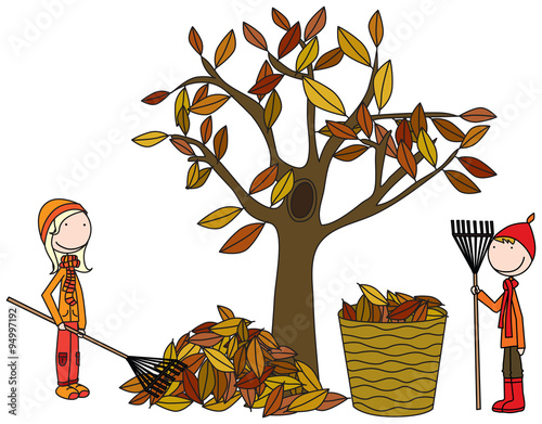 Happy kids raking leaves