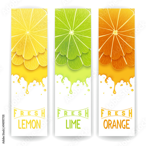 Three bright banner with stylized citrus fruit and splashes. Lemon, lime and orange fresh juice