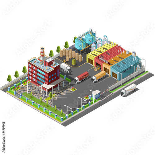Warehouse Industrial area with seating for loading and unloading, shipping and delivery, transportation and office building. Isolated vector 3D isometric concept