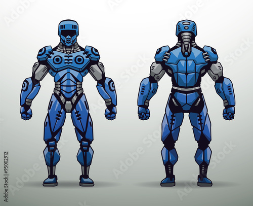 Vector Blue Cyborg soldier. Image of cyborg soldier in blue protective suit on a light background. Front and rear views.