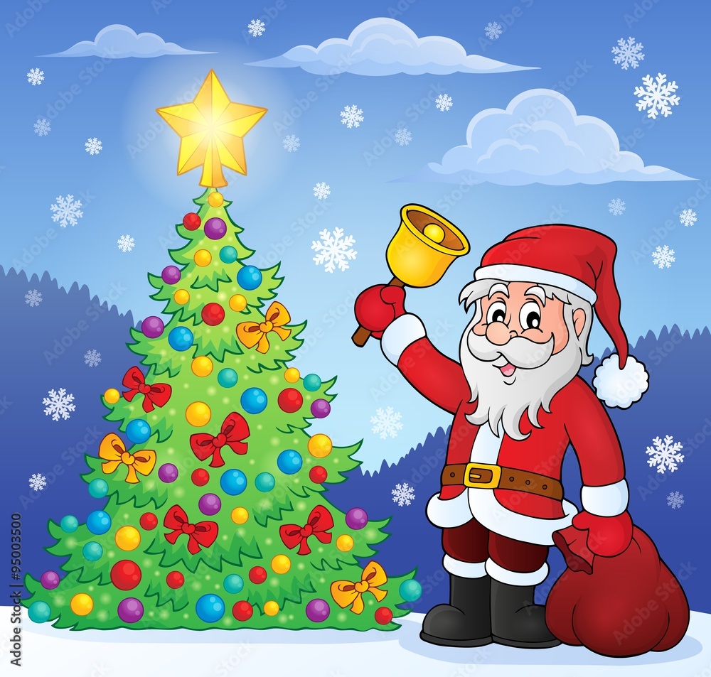 Santa Claus with bell by Christmas tree Santa Claus with bell by Christmas tree