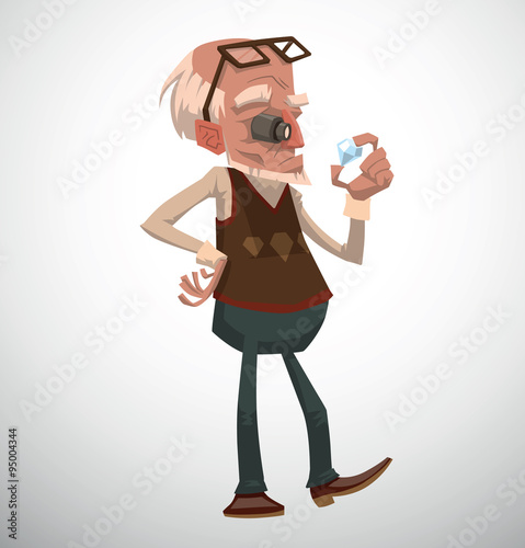 Vector cartoon image of a jeweler man with gray hair, beard in blue pants, white shirt and brown vest with sunglasses, lens in the his eye and a diamond in his hand on a light background.