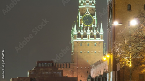 Moscow, Spasskaya tower of Kremlin at winter night. timelapse