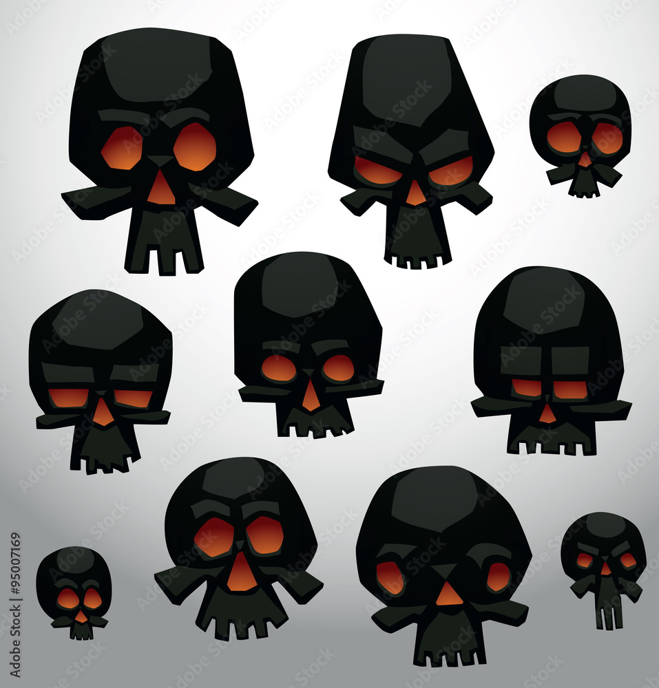 Vector Set of Black Cartoon Skulls. Cartoon image of a set of black skulls of various shapes and sizes on a light background. Vector Set of Black Cartoon Skulls. Cartoon image of a set of black skulls of various shapes and sizes on a light background.