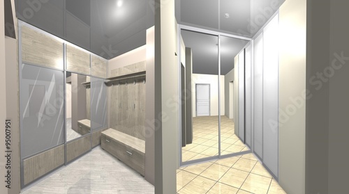 3D render interior design Cabinet with sliding doors in the hallway