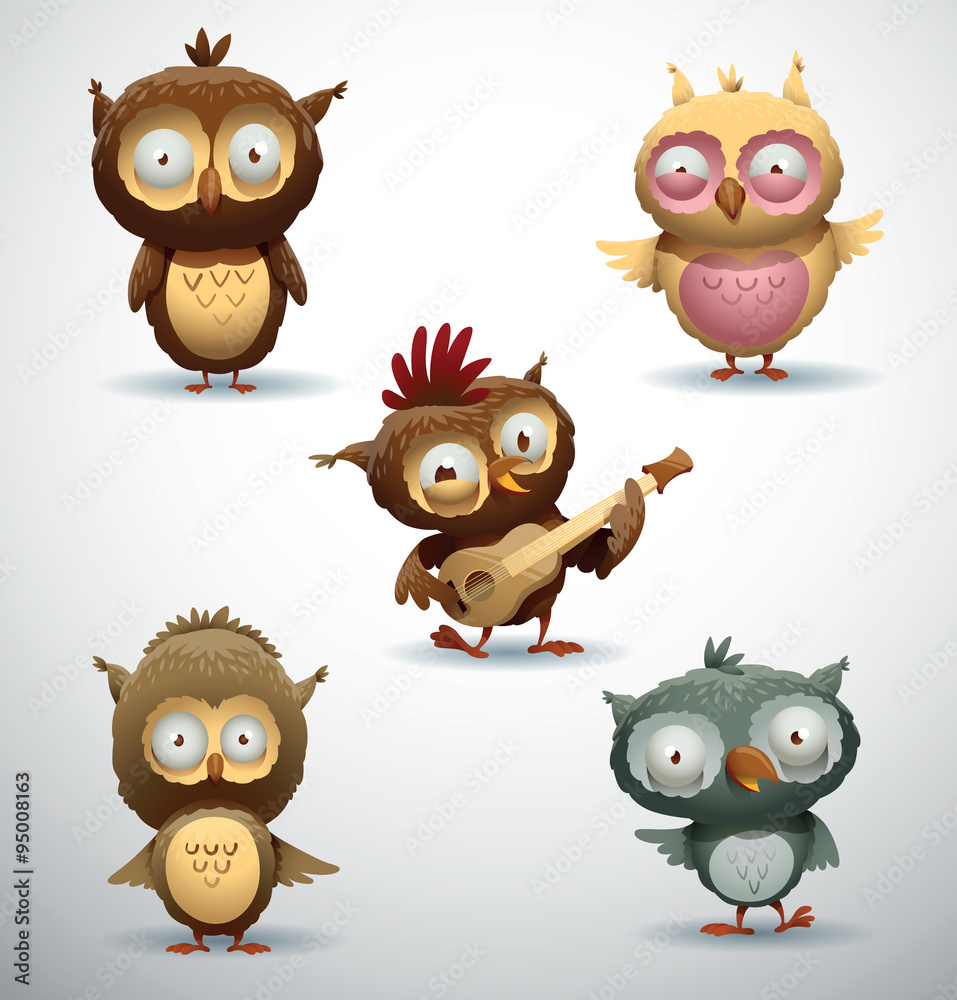 Vector Set of Owls. Cartoon image of five funny owls in different colors on a light background.