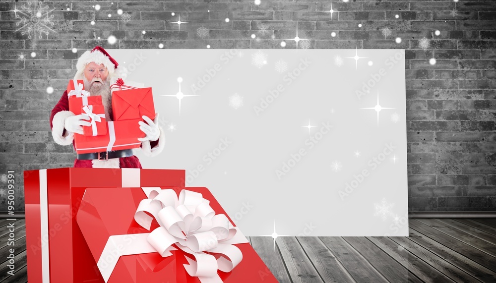 Composite image of santa standing in large gift Composite image of santa standing in large gift