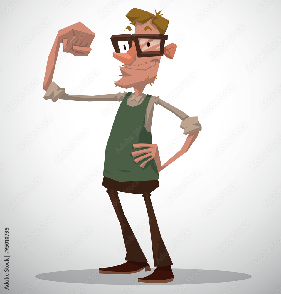 Vector Mighty Nerd. Cartoon image of a mighty nerd with blond hair wearing  glasses, brown trousers, a white shirt and green vest, flexing its  