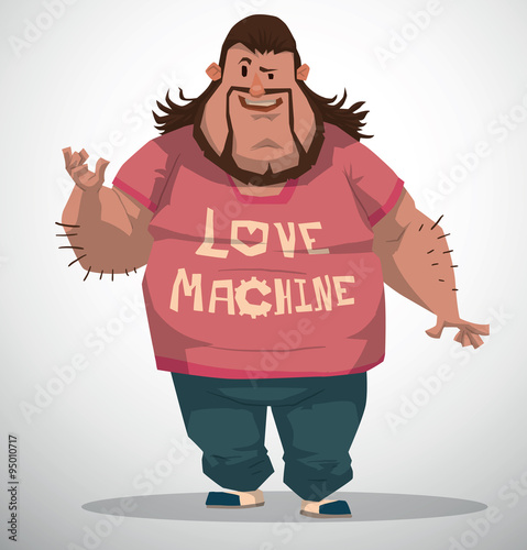Vector Fat Nerd. Cartoon image of big fat guy with dark hair and beard in blue trousers and a pink T-shirt on a light background. The text is written in the curves.