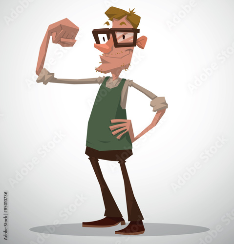 Vector Mighty Nerd. Cartoon image of a mighty nerd with blond hair wearing glasses, brown trousers, a white shirt and green vest, flexing its "muscles" on a light background.