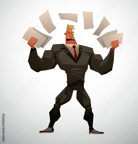 Vector Muscular Lawyer with papers. Cartoon image of a muscular man lawyer in a black suit, white shirt and red tie, with papers in his hands on a light background.