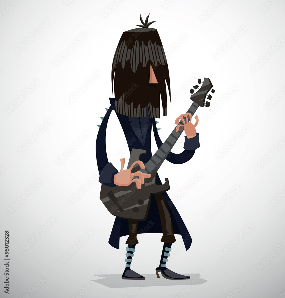 Vector Rock musician with black hair. Cartoon image of a rock musician with black hair in a dark blue coat with thorns and with a gray guitar in his hands on a light background.