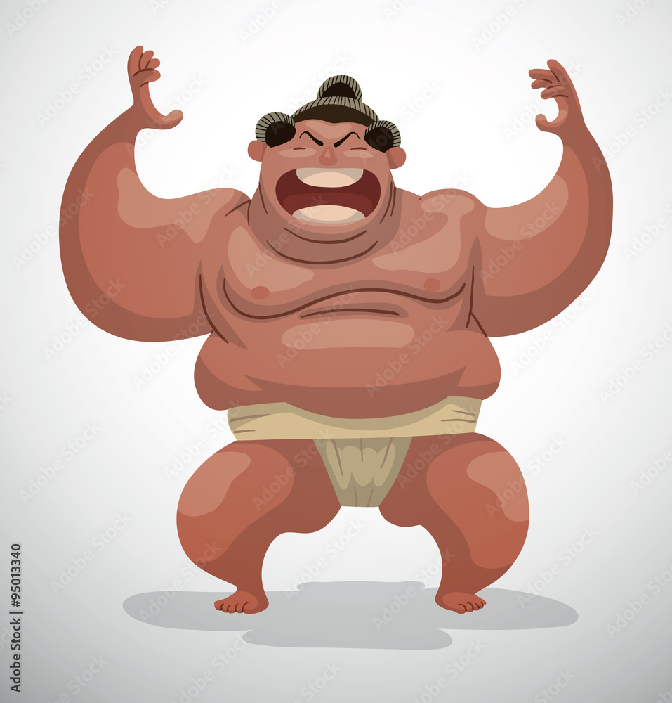 Vector Sumo wrestler with his arms raised. Cartoon image of a sumo wrestler  with black hair in a white belt 