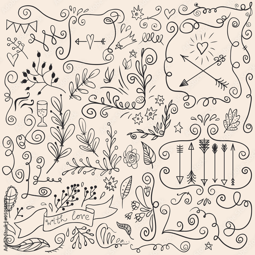 Romantic graphic set with arrows, swirls, labels, ribbons, hearts and flowers. Romantic graphic set with arrows, swirls, labels, ribbons, hearts and flowers.