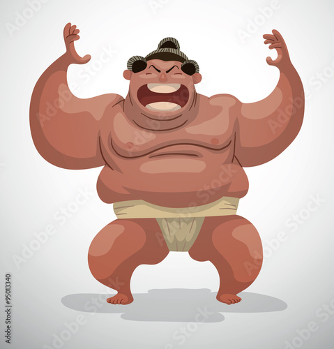 Vector Sumo wrestler with his arms raised. Cartoon image of a sumo wrestler with black hair in a white belt "mawashi" with his arms raised on a light background.