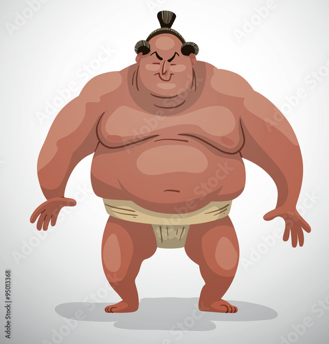 Vector Sumo wrestler. Cartoon image of a sumo wrestler with black hair in a white belt Vector Sumo wrestler. Cartoon image of a sumo wrestler with black hair in a white belt