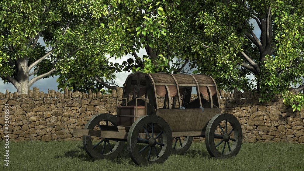 Ancient wooden wagon with top in front stone wall and trees