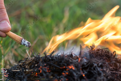 Cigarette causing a dangerous fire on the forest