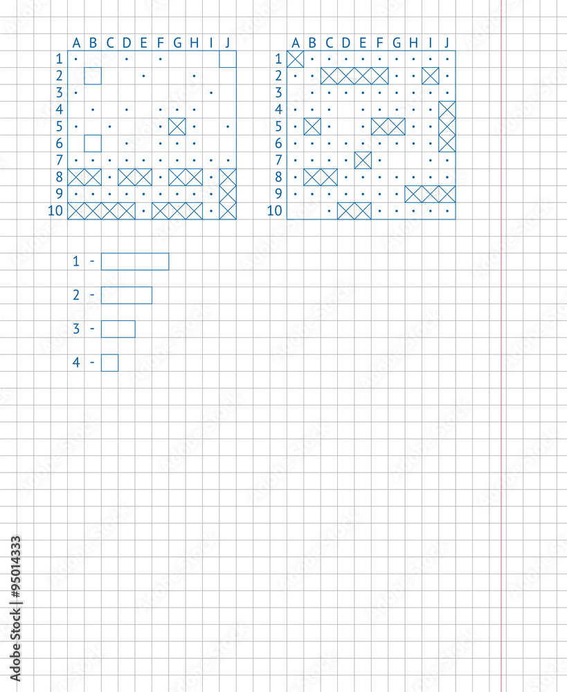 Children's school game — sea battle. Drawing on a school notebook sheet. Children's school game — sea battle. Drawing on a school notebook sheet.