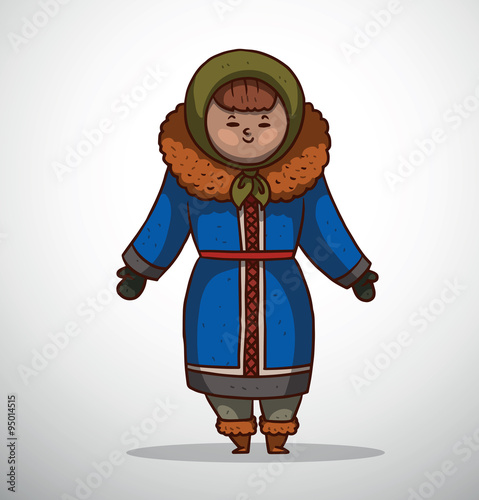 Vector Eskimo, woman. Cartoon image of a woman in the warm blue coat with a fur collar, gray trousers, brown boots and a warm green hat  on a light background.