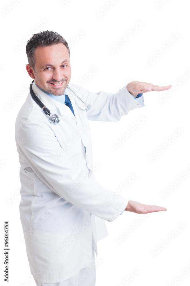 Doctor or medic presenting blank advetising area Doctor or medic presenting blank advetising area