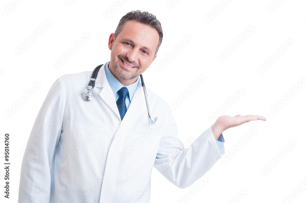 Medic or doctor holding nothing on palm as advertising space Medic or doctor holding nothing on palm as advertising space