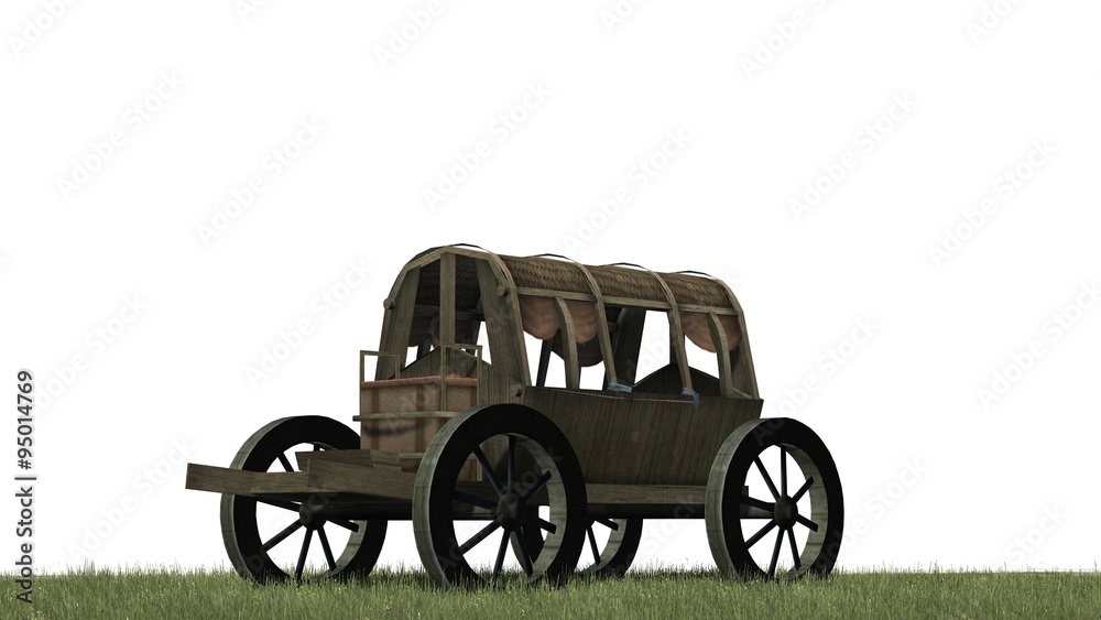 Ancient wooden wagon with top on grass surface - isolated on white background